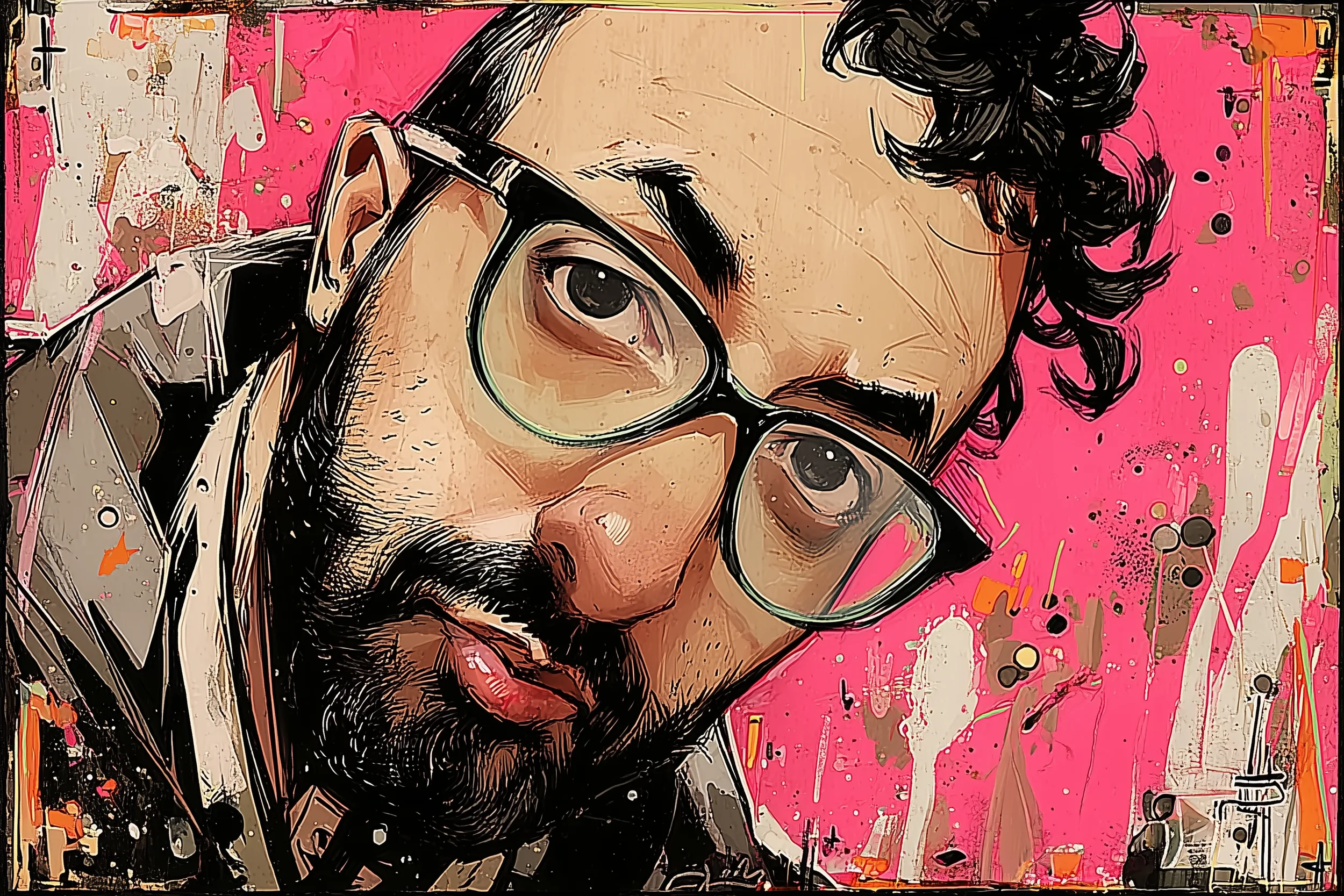 Painted portrait of Ali Ghandour against a pink background, in the style of a pop-art illustration