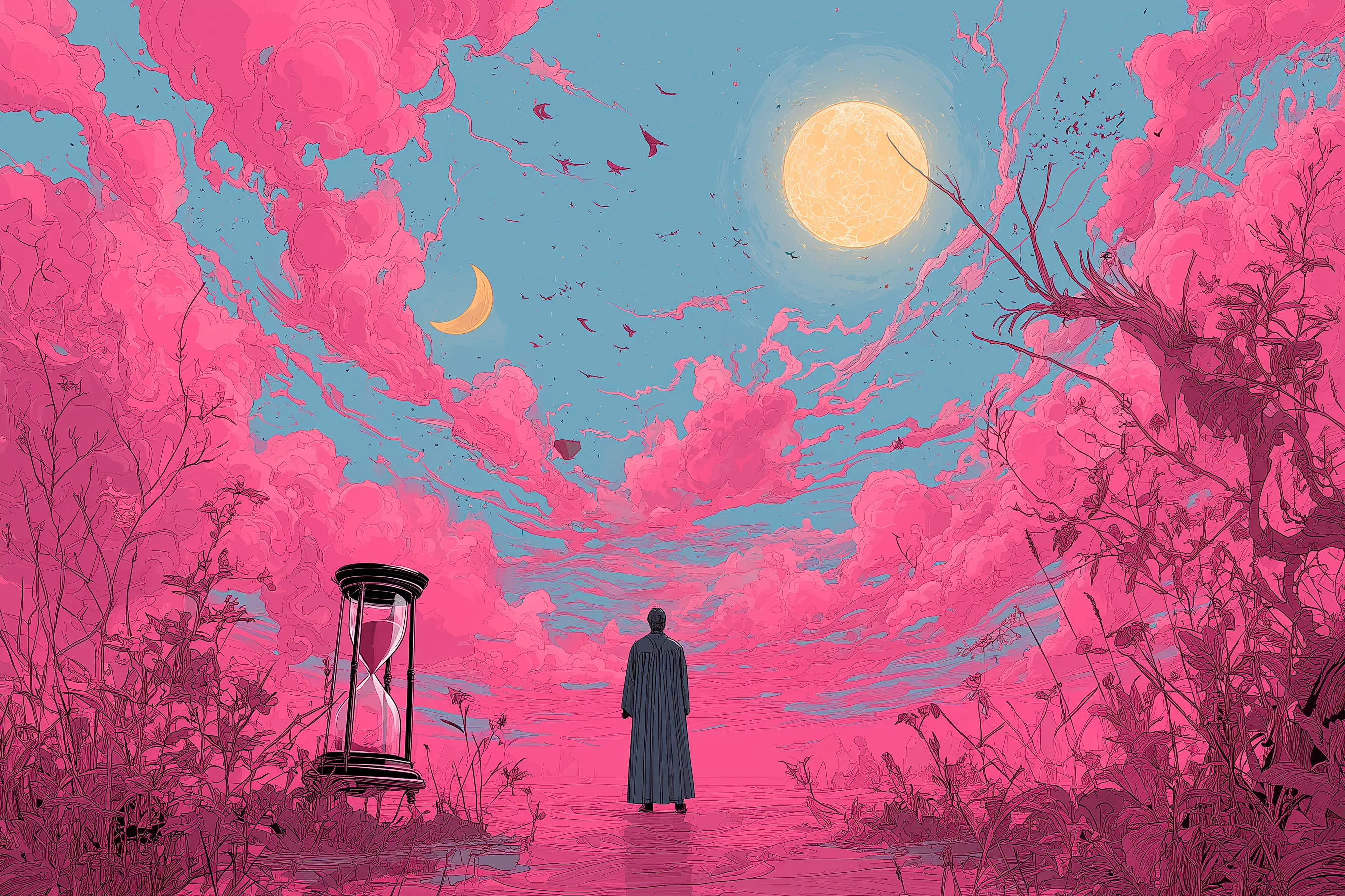 Figure in front of a pink landscape, with an hourglass and a crescent moon in the turquoise sky