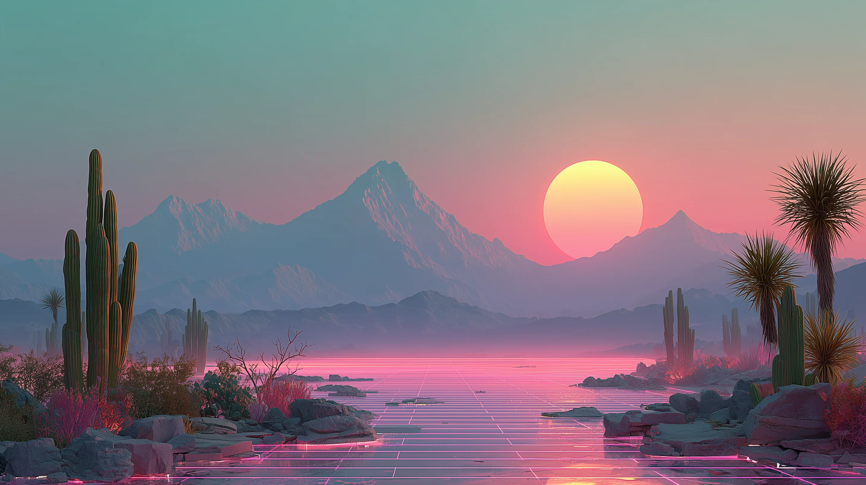 Pink sunset over mountains with cacti and palms