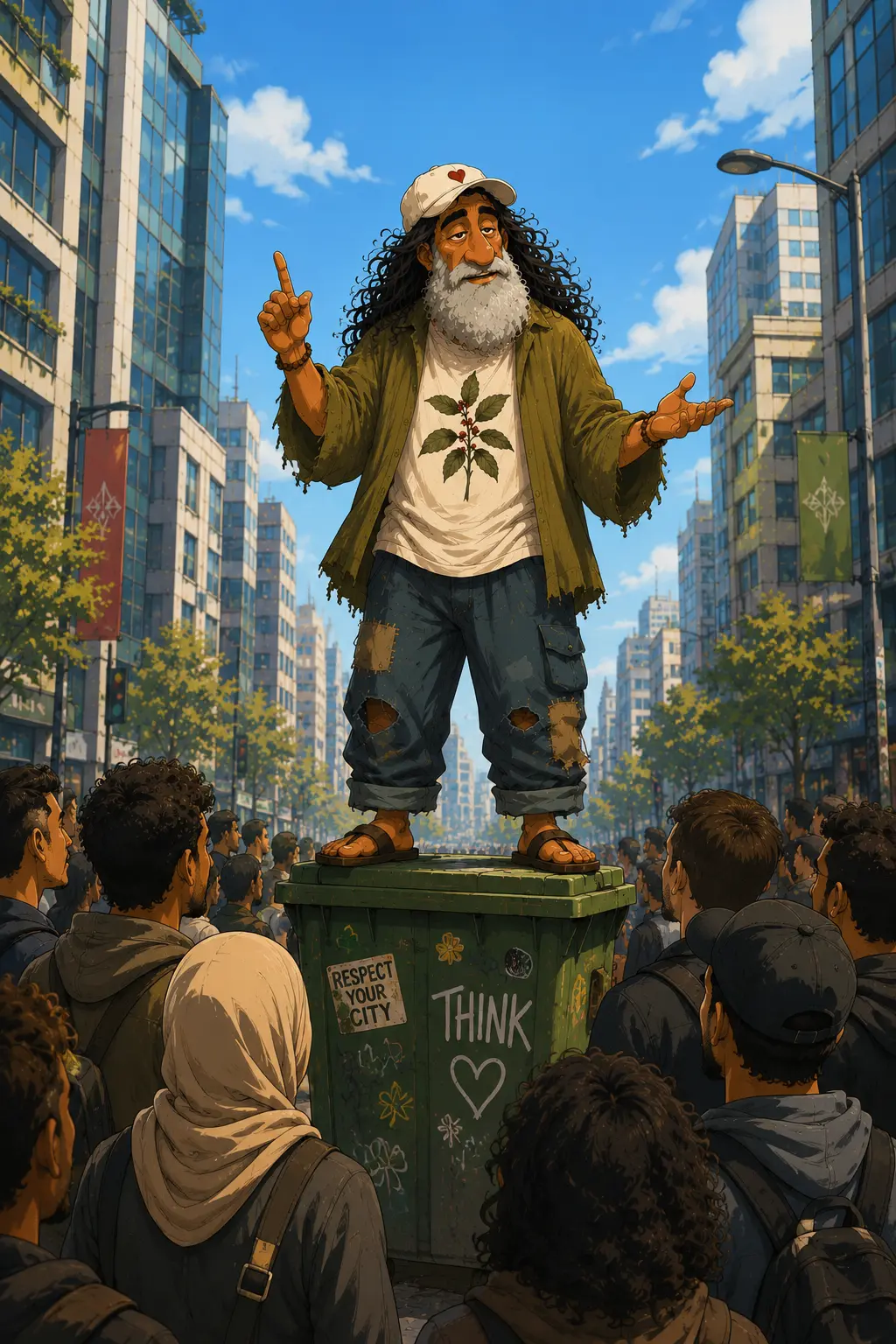 Illustration: A man with a white cap, a long grey beard, and wild black curly hair stands in a tattered olive jacket on a green trash can, preaching with a raised index finger to a crowd on a sunny city street.