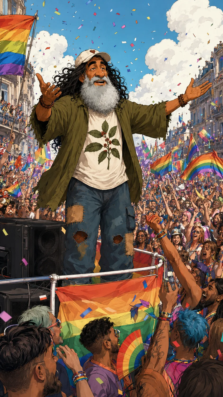 Illustration: A man in a white cap, with a long grey beard and wild black curly hair, stands in a tattered olive jacket with his arms spread wide on a truck, preaching to a cheering crowd with rainbow flags and confetti on a sunny city street.
