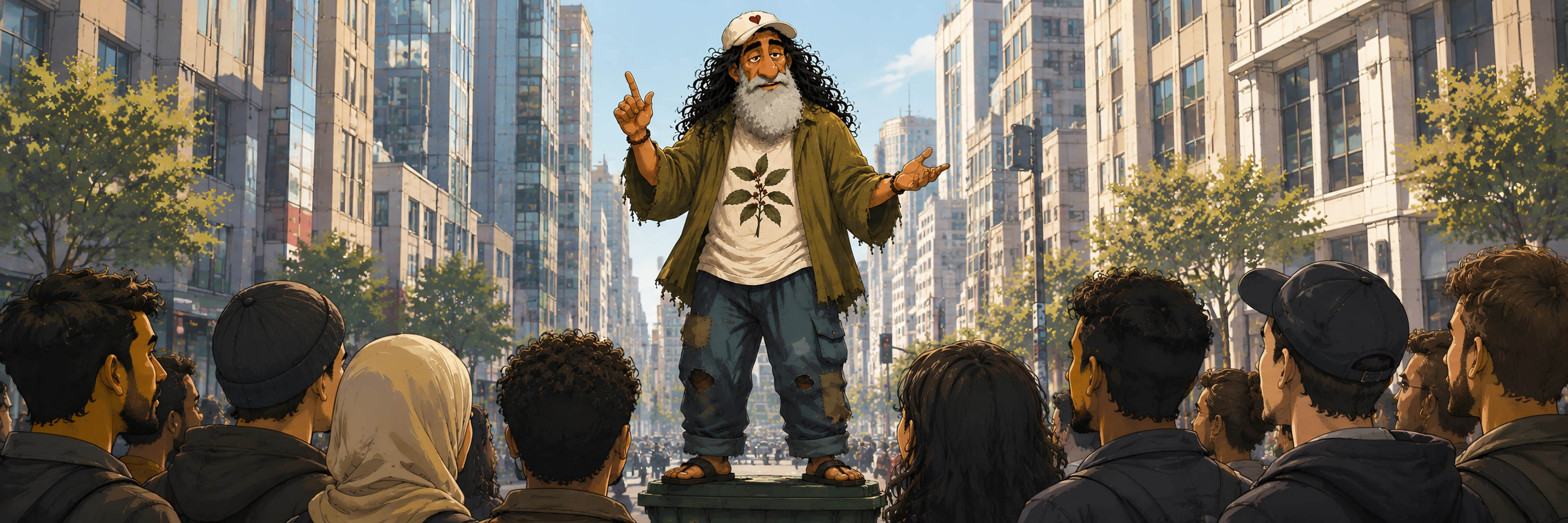 A man with a long grey beard, wild curly hair and a baseball cap stands on a green trash can, preaching with a raised index finger to a small crowd; behind him a sunny city street with high-rises and trees.